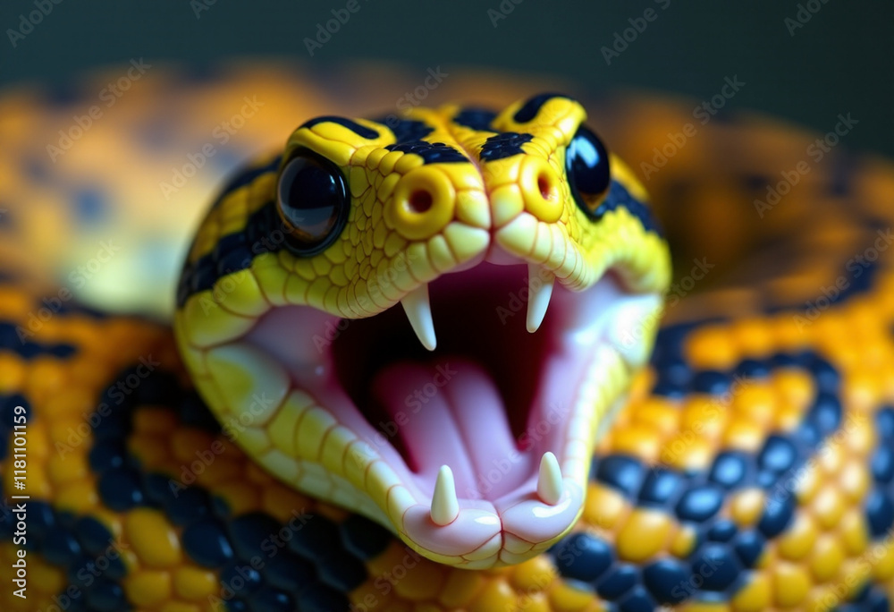 Obraz premium Close-Up of Vibrant Yellow and Black Snake with Fangs Bared