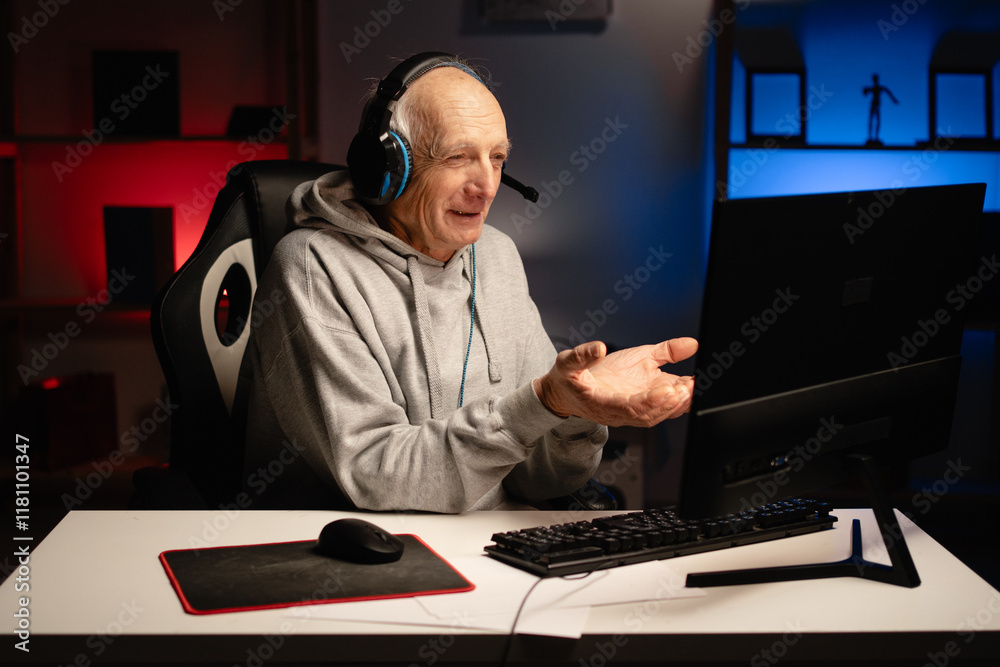 Senior elderly man playing video games wearing headphones showing with hands palms together receiving gesture. Senior elderly man playing video games wearing headphones showing with hands palms together receiving gesture.