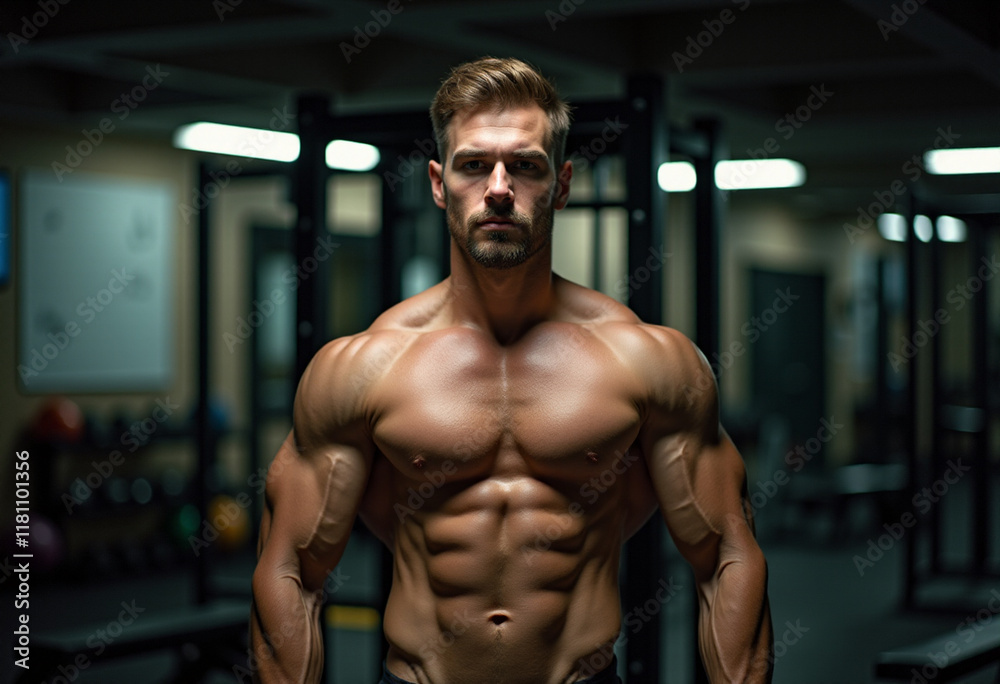 Muscular Bodybuilder Posing in Gym Environment Muscular Bodybuilder Posing in Gym Environment