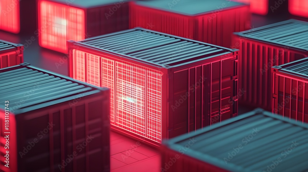 red neon shipping containers, data center - cyberpunk aesthetics
