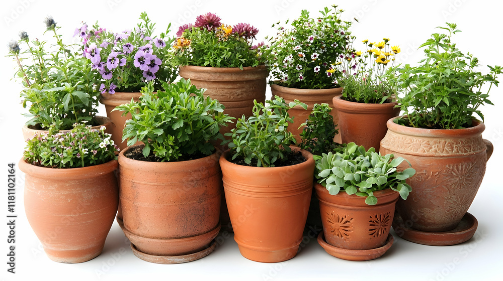 Terracotta pots of blooming flowers and herbs, studio shot, white background, gardening arrangement. Terracotta pots of blooming flowers and herbs, studio shot, white background, gardening arrangement.