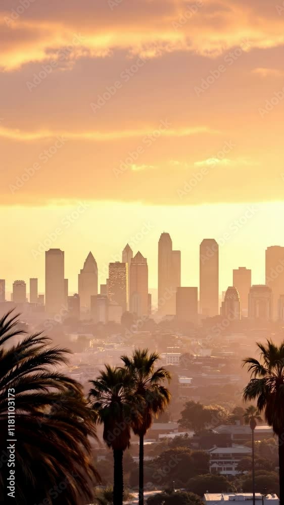 Flying above city skyline with palm trees at sunset, vertical footage