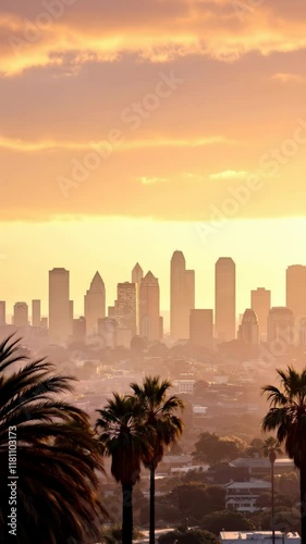 Flying above city skyline with palm trees at sunset, vertical footage