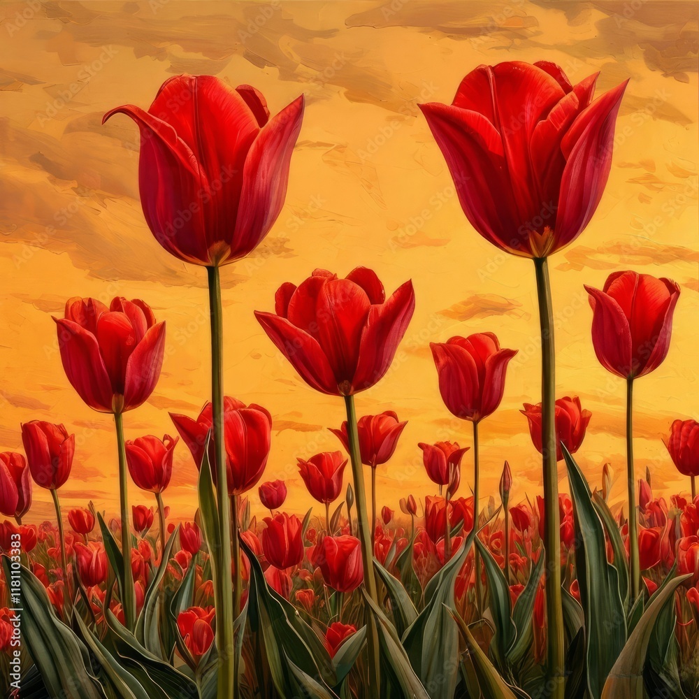 Fototapeta premium tulips , set against a fiery orange background
