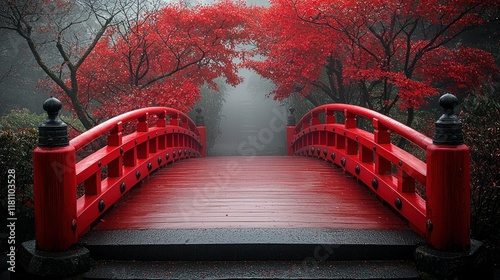 Serene Red Bridge in Autumn Mist photo