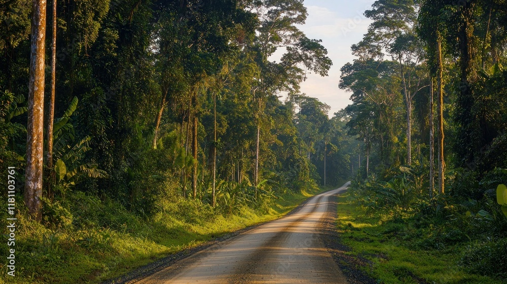 Fototapeta premium Serene Jungle Road at Dawn: A Picturesque Journey Through Lush Rainforest
