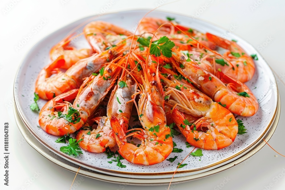 Top View Gourmet Fried Shrimp Dish on the Plate on White Background Generative Ai Top View Gourmet Fried Shrimp Dish on the Plate on White Background Generative Ai
