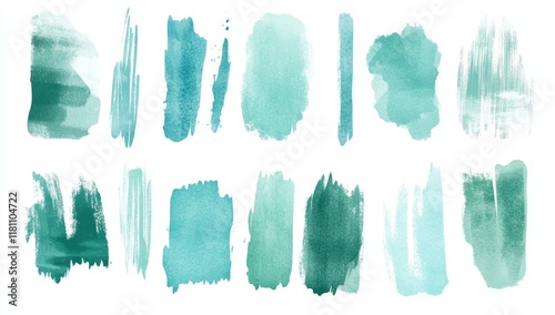 Teal watercolor paint strokes and textures isolated on white.