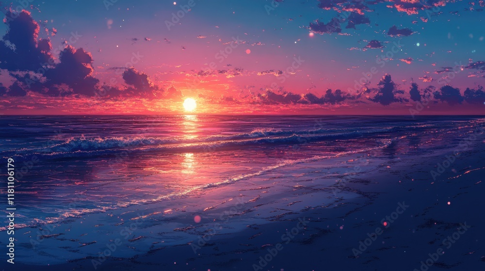 Fototapeta premium A tranquil beach with soft waves and shimmering wet sand reflecting a vibrant sunset, creating a peaceful atmosphere