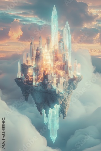 Crystal Floating City Above the Clouds with Dreamy Glow - made with Generative AI photo