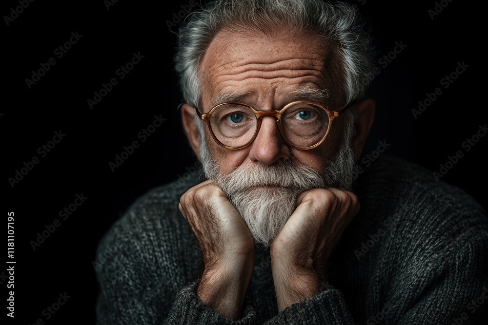 Portrait of an elderly man with glasses and a beard, resting his chin on both hands