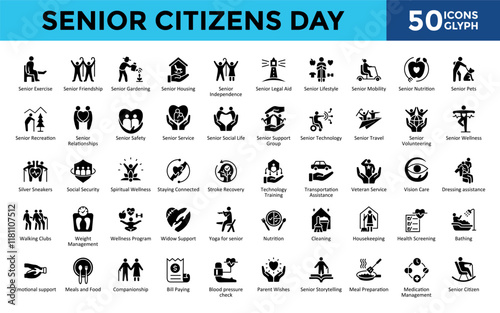 Senior Citizens Day icons set with senior exercise, senior friendship, senior gardening, senior housing, senior independence, senior legal aid, senior lifestyle icon. Simple glyph vector 
