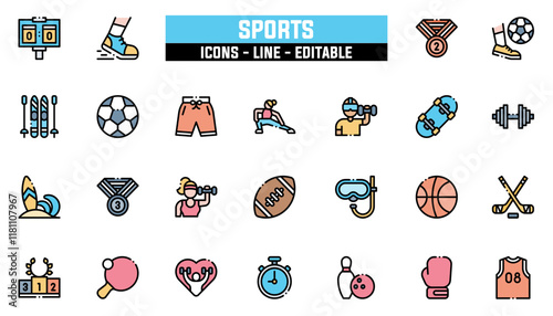 Set of 25 line icons sports. Editable stroke. Vector illustration