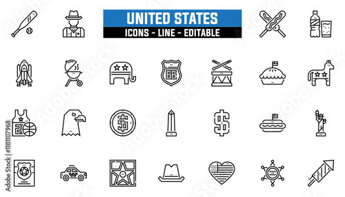 Set of 25 line icons united states. Editable stroke. Vector illustration