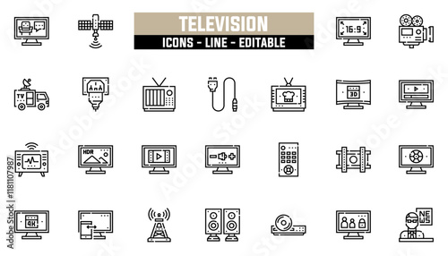 Set of 25 line icons television. Editable stroke. Vector illustration
