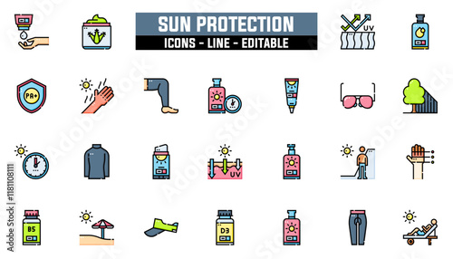 Set of 25 line icons sun protection. Editable stroke. Vector illustration