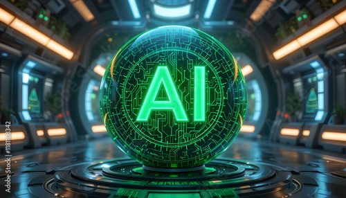 AI Sphere: A glowing green AI logo illuminates a futuristic, sci-fi environment. This captivating 3D rendering evokes themes of technological advancement, artificial intelligence, and innovation.