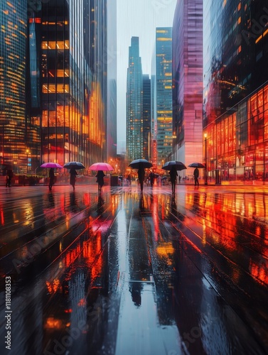 Rainy Cityscape with Reflections of Neon Lights and Umbrellas - made with Generative AI photo