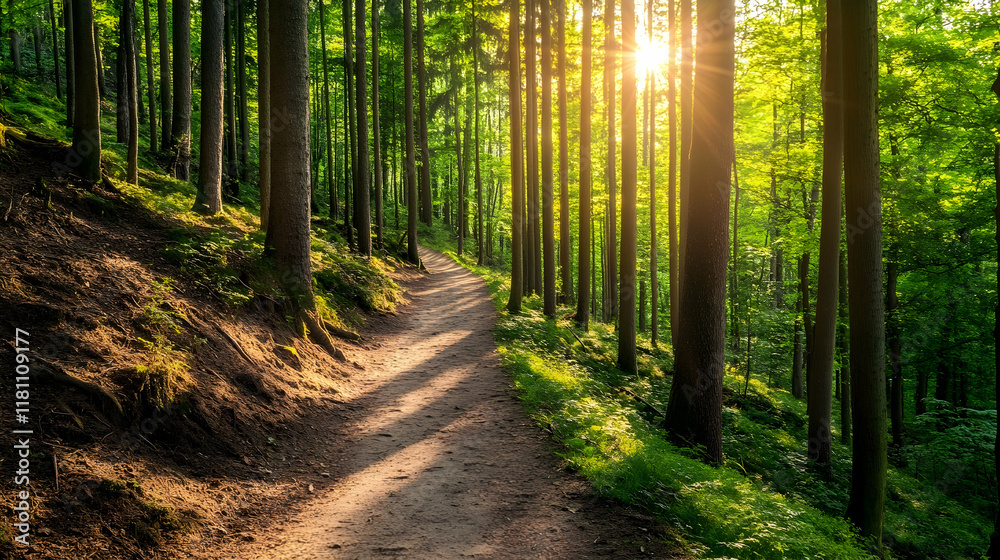 Obraz premium Sunlit forest path winding uphill, scenic nature trail, tranquil woods background, ideal for travel or nature documentaries.
