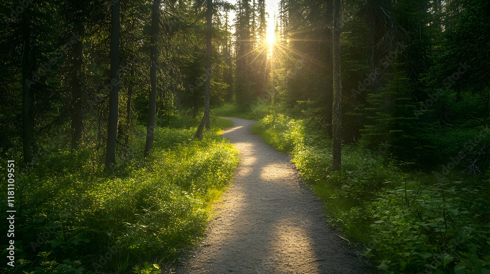 Fototapeta premium Sunlit Forest Trail Winding path through lush greenery, sunburst backdrop, ideal for travel brochures.
