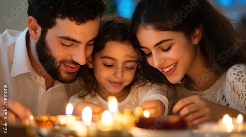 A family lighting candles for Rosh Hashanah, with a festive table setting, isolated on a white background