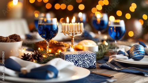 A festive Hanukkah table setup with menorah, dreidels, and gifts, surrounded by blue and white decorations and candlelight photo