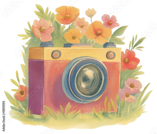PNG Cute floral camera illustration photography vintage.