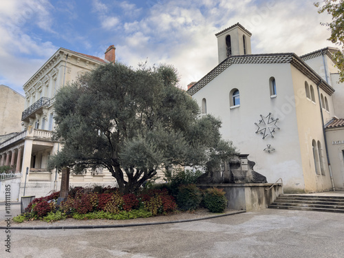 Charming historical building with a tree and fountain in a tranquil urban setting