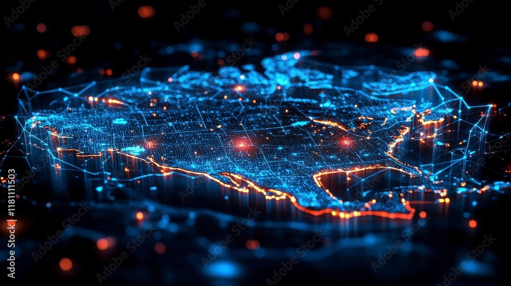 Futuristic glowing map of North America. Futuristic glowing map of North America.
