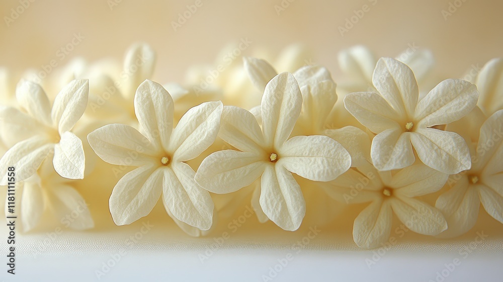 Close-up of delicate, creamy white flowers arranged in a row. Close-up of delicate, creamy white flowers arranged in a row.