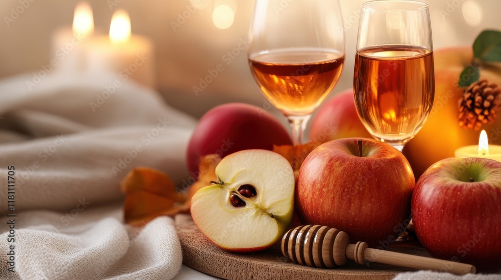 A festive Rosh Hashanah table setup with candles, wine, apples, and honey, creating a warm and inviting atmosphere, isolated on a white background A festive Rosh Hashanah table setup with candles, wine, apples, and honey, creating a warm and inviting atmosphere, isolated on a white background