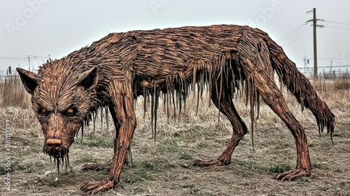 Large, rusty brown, sculpted wolf sculpture,  standing outdoors, in a field,  with a menacing appearance. photo