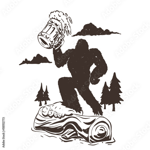 Bigfoot Holding Beer Mug in the Forest - Vector Illustration
