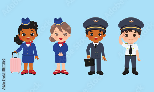 Cute woman and man flight attendant. Pilot and steward costume