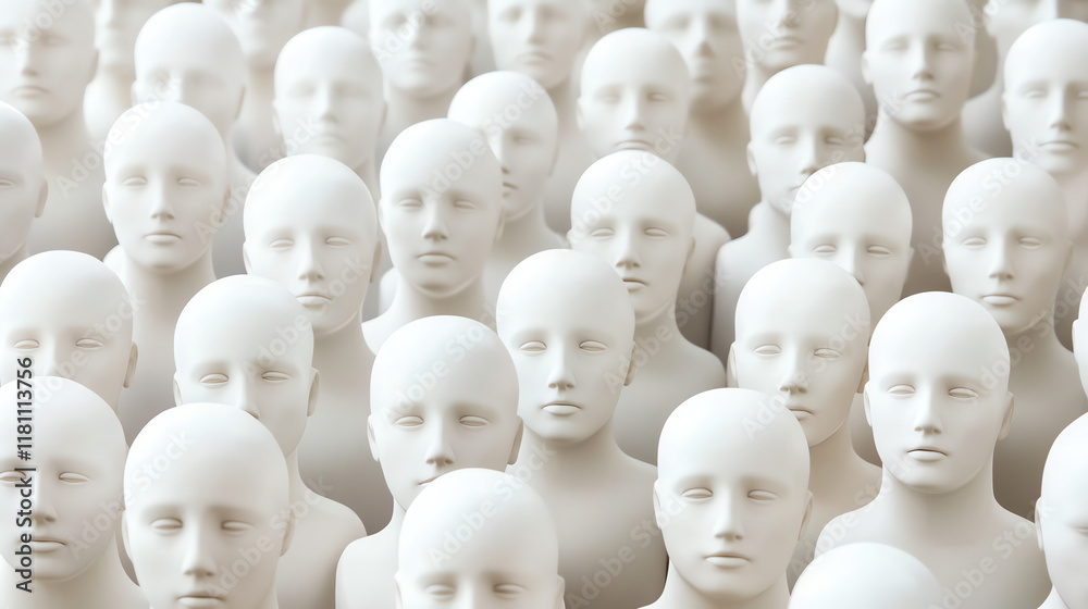 Obraz premium Identical white mannequin heads. Represents conformity concepts.