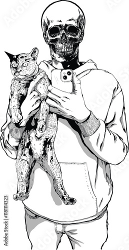 Skull man selfies with his cat vectors art