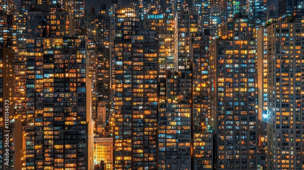 Aerial Perspective of Contemporary Office Tower at Night