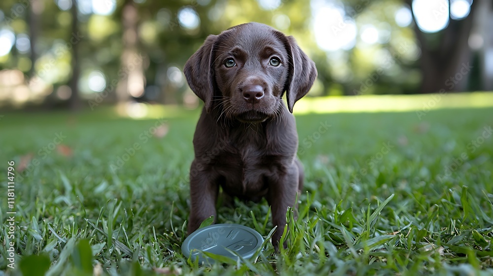 Adorable chocolate lab puppy sitting in grass with a frisbee. Adorable chocolate lab puppy sitting in grass with a frisbee.