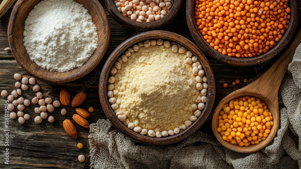 Top Down View of Bowls Filled with Nuts and Pulses on Wooden Table Top Down View of Bowls Filled with Nuts and Pulses on Wooden Table