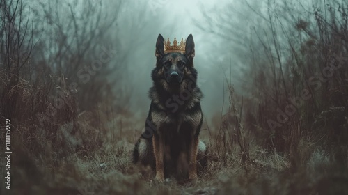 Majestic German Shepherd King in a Misty Forest photo