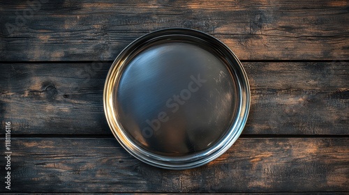 High Resolution Top View of Round Stainless Steel Plate on Wood