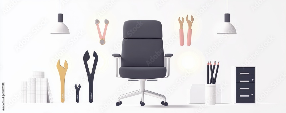 Fototapeta premium Modern office chair with tools and accessories in a bright space.