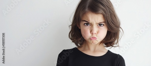 Displeased young brunette girl with a funny expression and pouty face against a white background photo