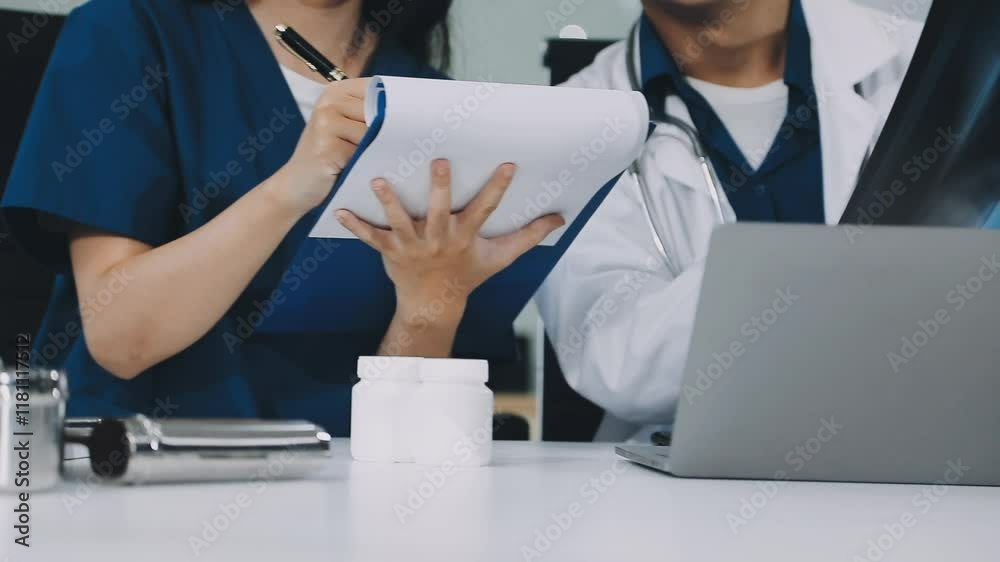 Team, medical analysts and doctors consulting with paperwork of graphs, data and charts in hospital conference room. Closeup of healthcare staff discussing statistics, results and innovation strategy Team, medical analysts and doctors consulting with paperwork of graphs, data and charts in hospital conference room. Closeup of healthcare staff discussing statistics, results and innovation strategy