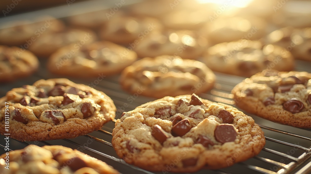 Close Up of Golden Brown Chocolate Chip Cookies on Cooling Rack Close Up of Golden Brown Chocolate Chip Cookies on Cooling Rack