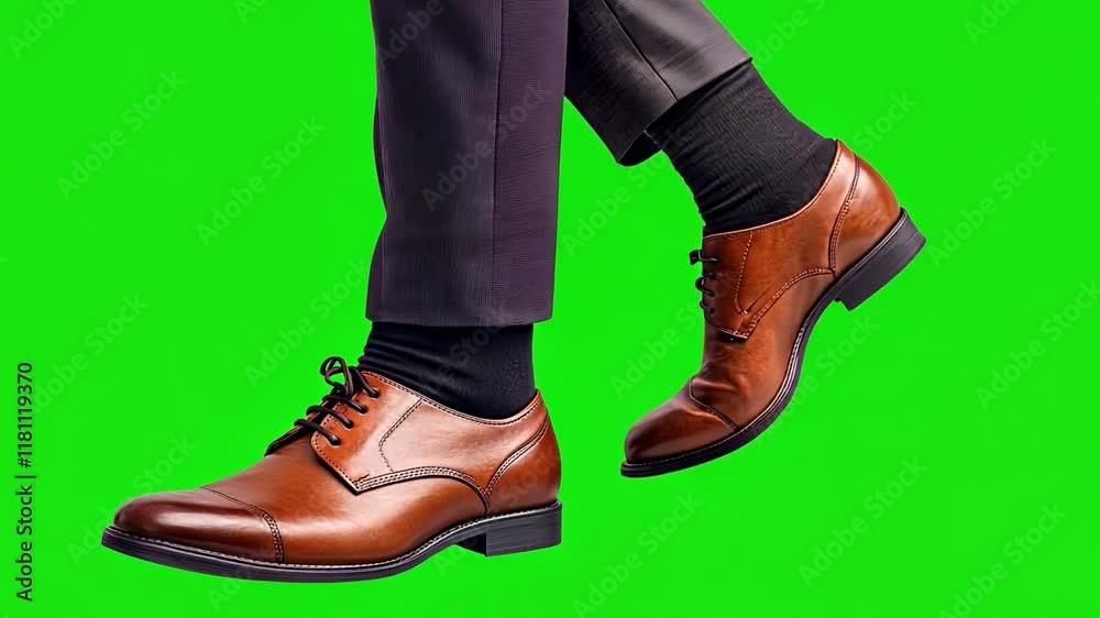 Formal Footwear: Polished brown leather shoes with black socks and grey trousers on green screen. Perfect for fashion, style, and business. Formal Footwear: Polished brown leather shoes with black socks and grey trousers on green screen. Perfect for fashion, style, and business.