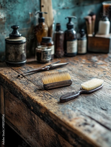 A rustic wooden table displaying hair combs and vintage bottles, evoking a nostalgic barbershop atmosphere.