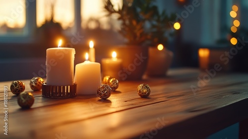 A menorah placed on a wooden table with soft candlelight and golden dreidels scattered around, creating a warm, inviting scene photo