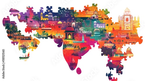 Indian landmarks jigsaw puzzle map; travel, tourism brochure