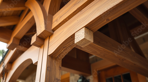 Close-up view of a wooden structure's intricate joinery.  Rich brown beams and supports intersect, showcasing detailed craftsmanship and a smooth, polished finish.  Arched elements are visible.